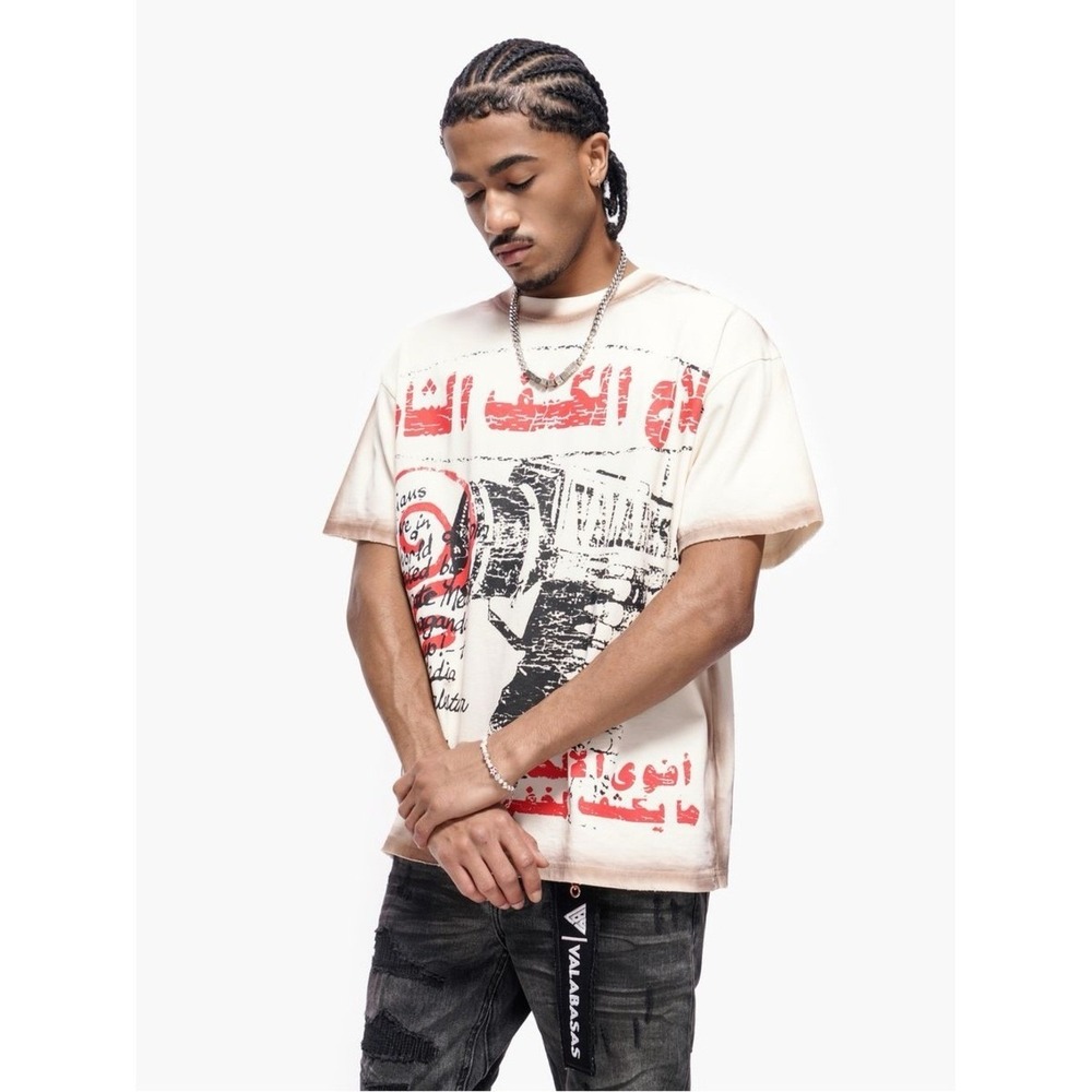 Valabasas Mens Weapon of Mass Exposure Graphic Tee Cream Brown Distressed Size M